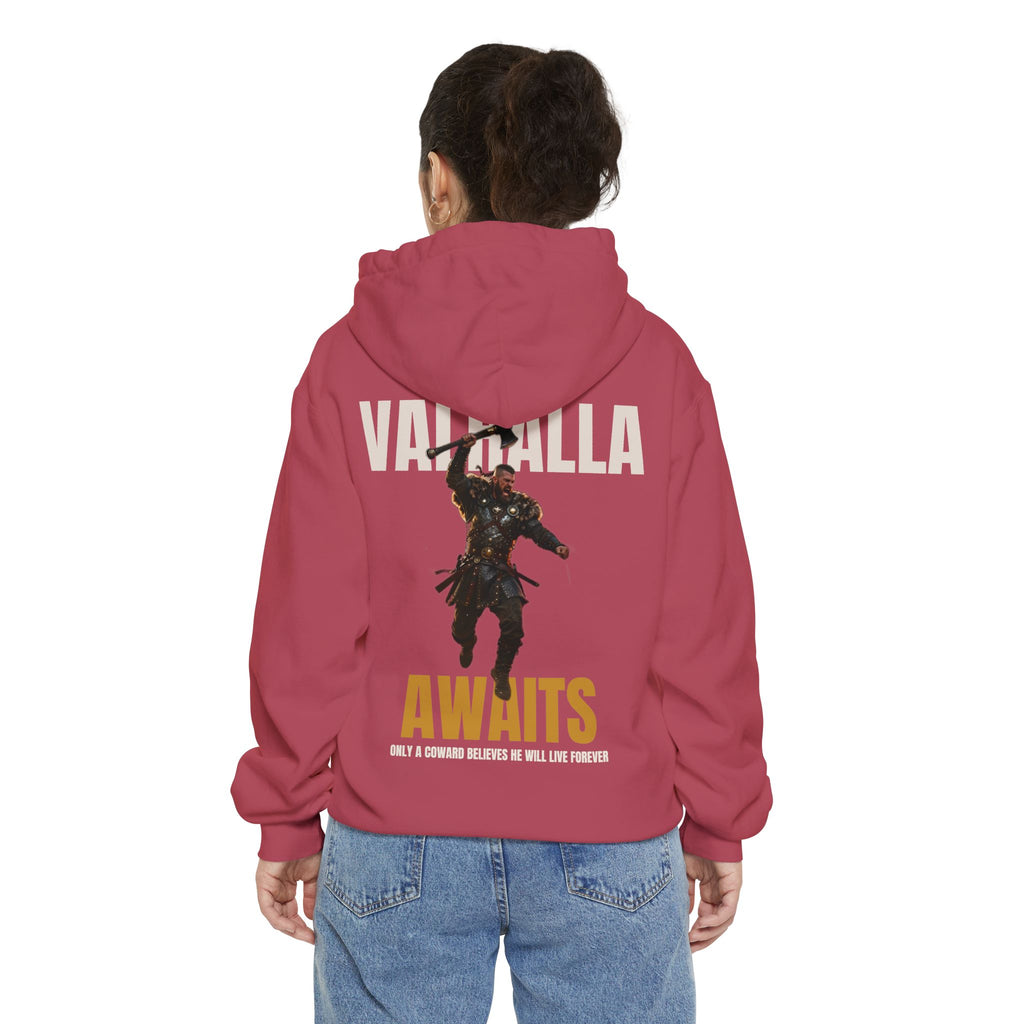 ForgedLoot - Valhalla Awaits Hoodie - Crimson - person | color:Crimson