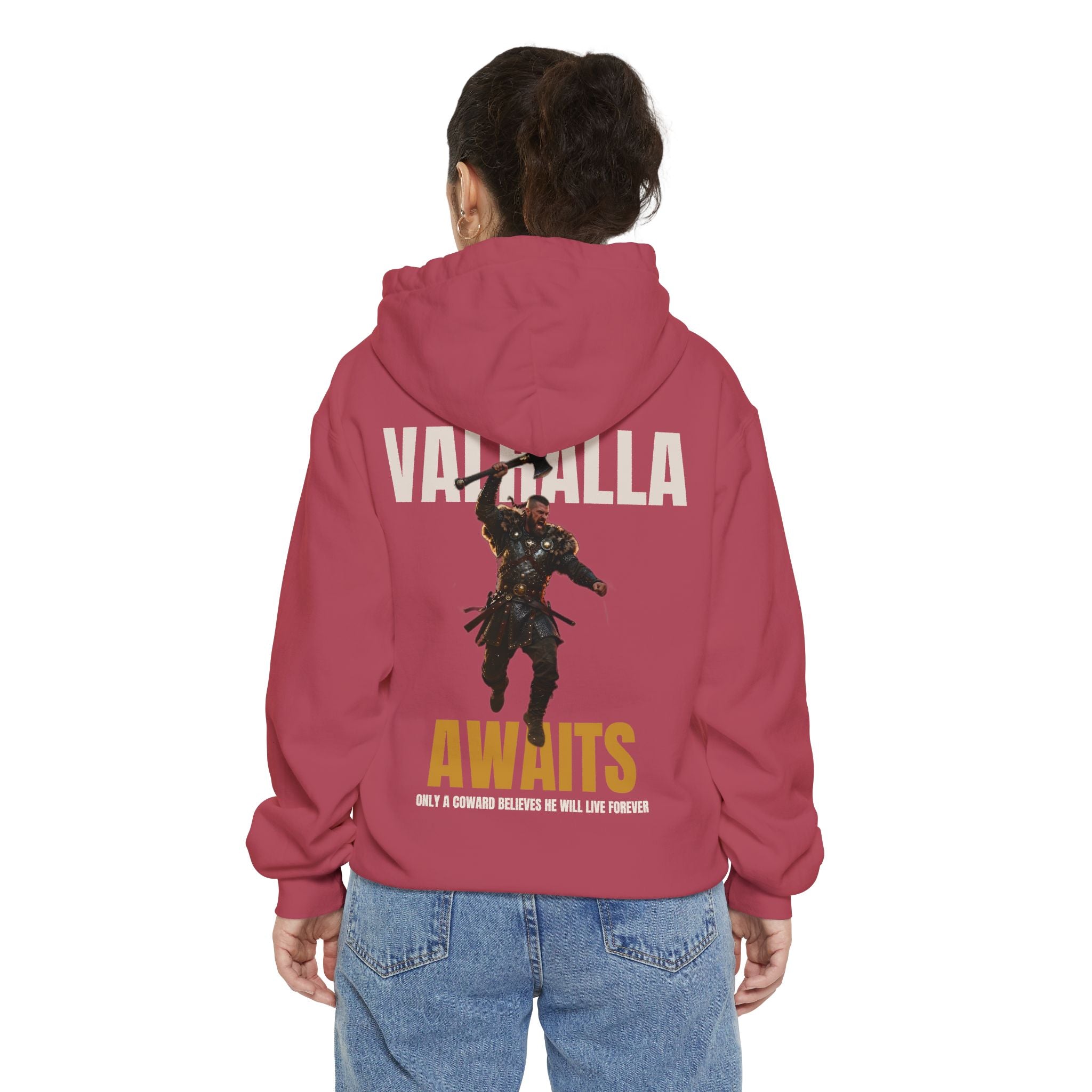 ForgedLoot - Valhalla Awaits Hoodie - Crimson - person | color:Crimson