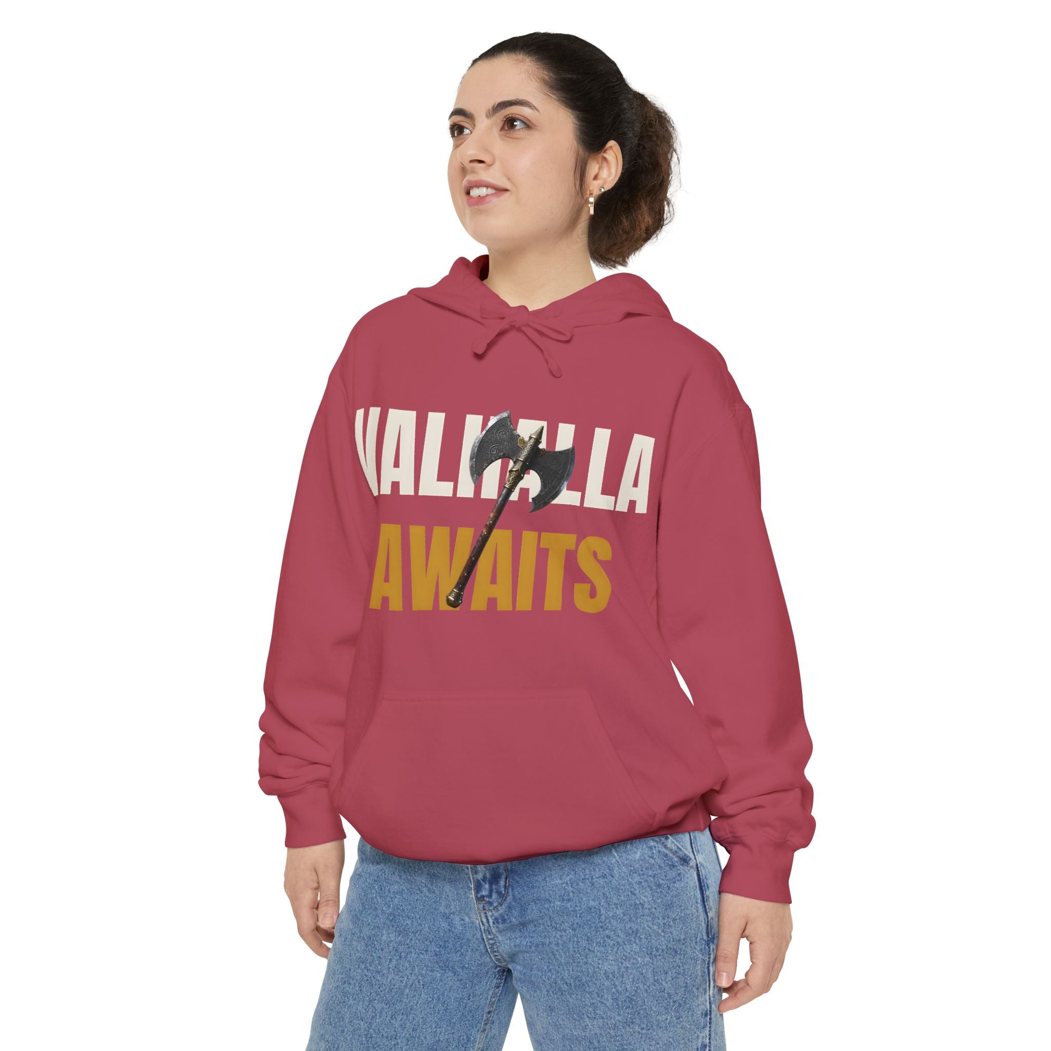 ForgedLoot - Valhalla Awaits Hoodie - Crimson - person | color:Crimson