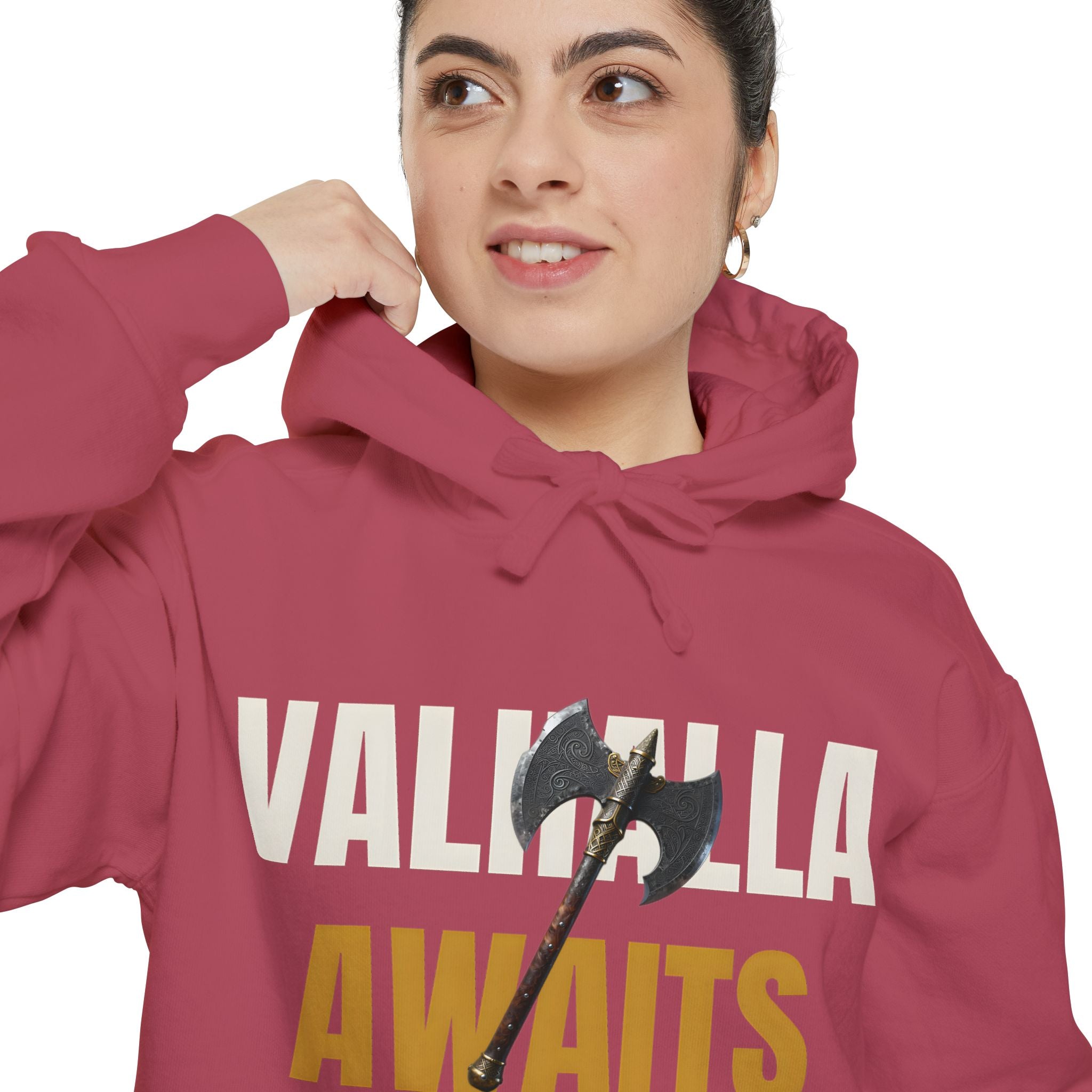 ForgedLoot - Valhalla Awaits Hoodie - Crimson - person | color:Crimson