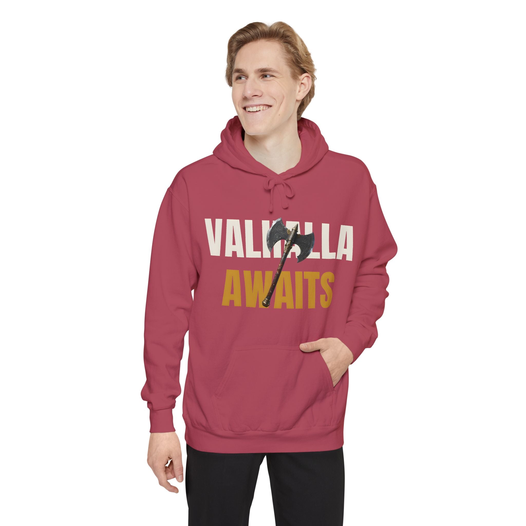 ForgedLoot - Valhalla Awaits Hoodie - Crimson - person | color:Crimson
